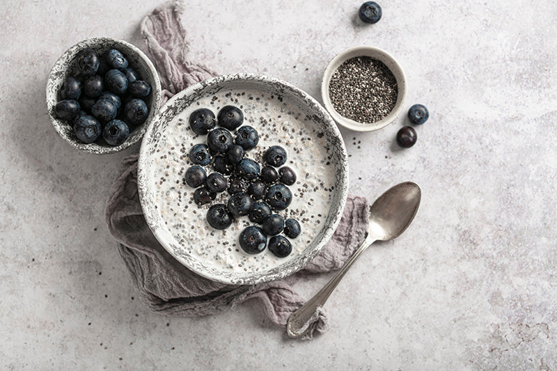 Kefir Kokos-Pudding in einer Schale mit Blaubeeren