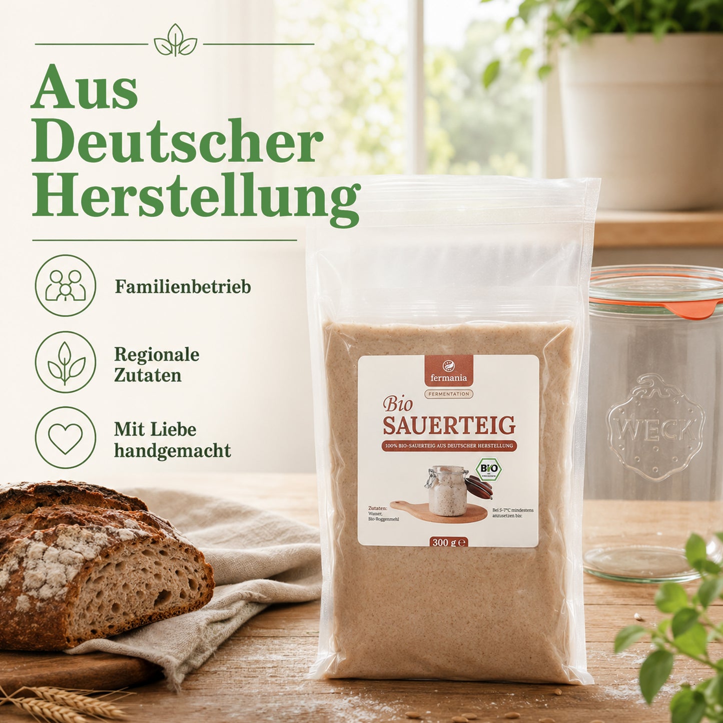 Sauerteig Medium Starter Set  – Sauerteigbrot selber machen mit Bio Roggensauerteig + Zubehör