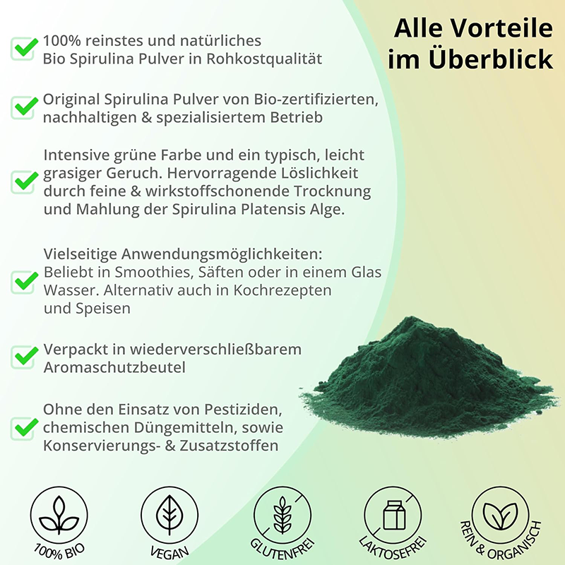 Bio Spirulina Pulver 500g – Vegan, ohne Zusätze & voller Nährstoffe