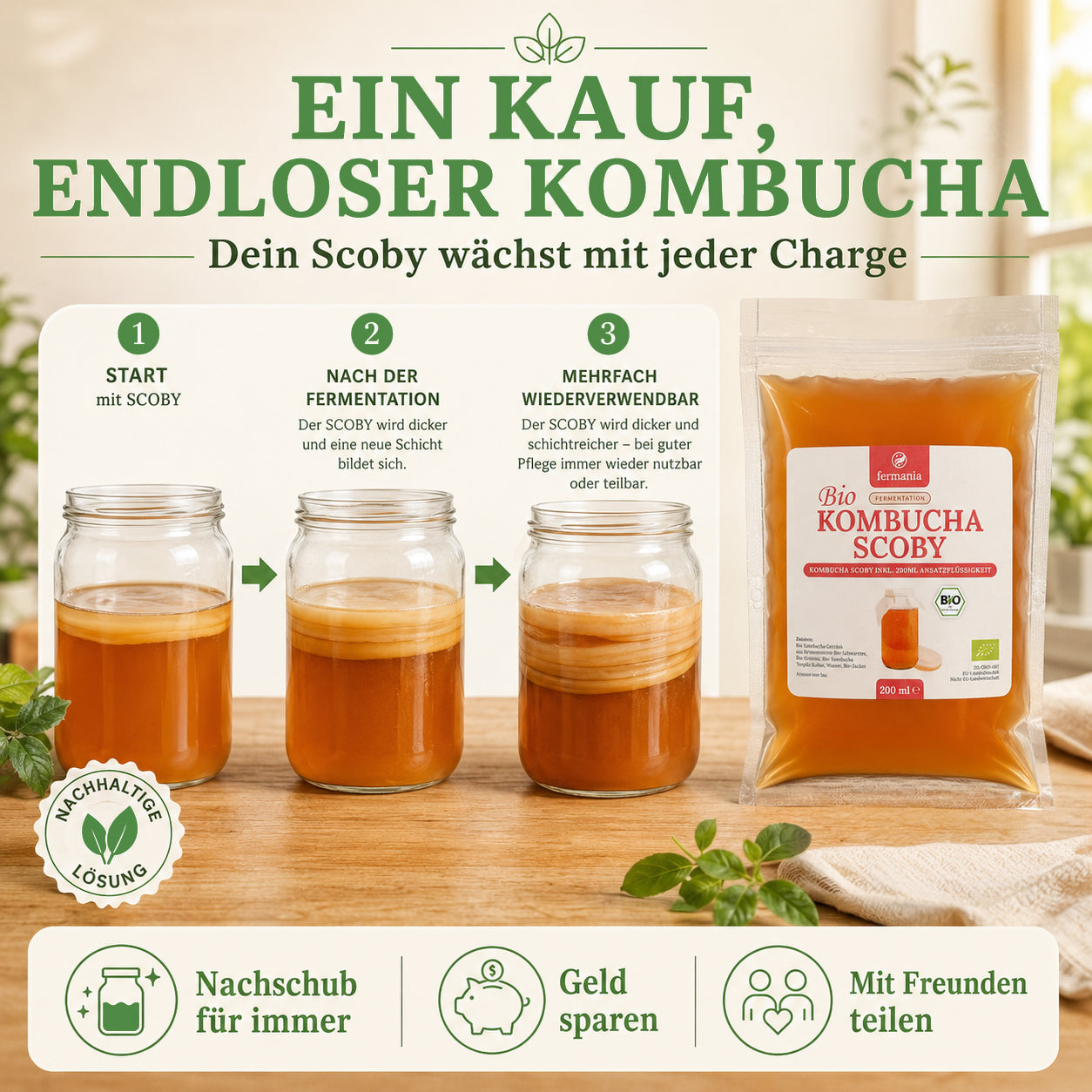 Kombucha Medium Starter Set mit Kombucha Teepilz (SCOBY) + Zubehör