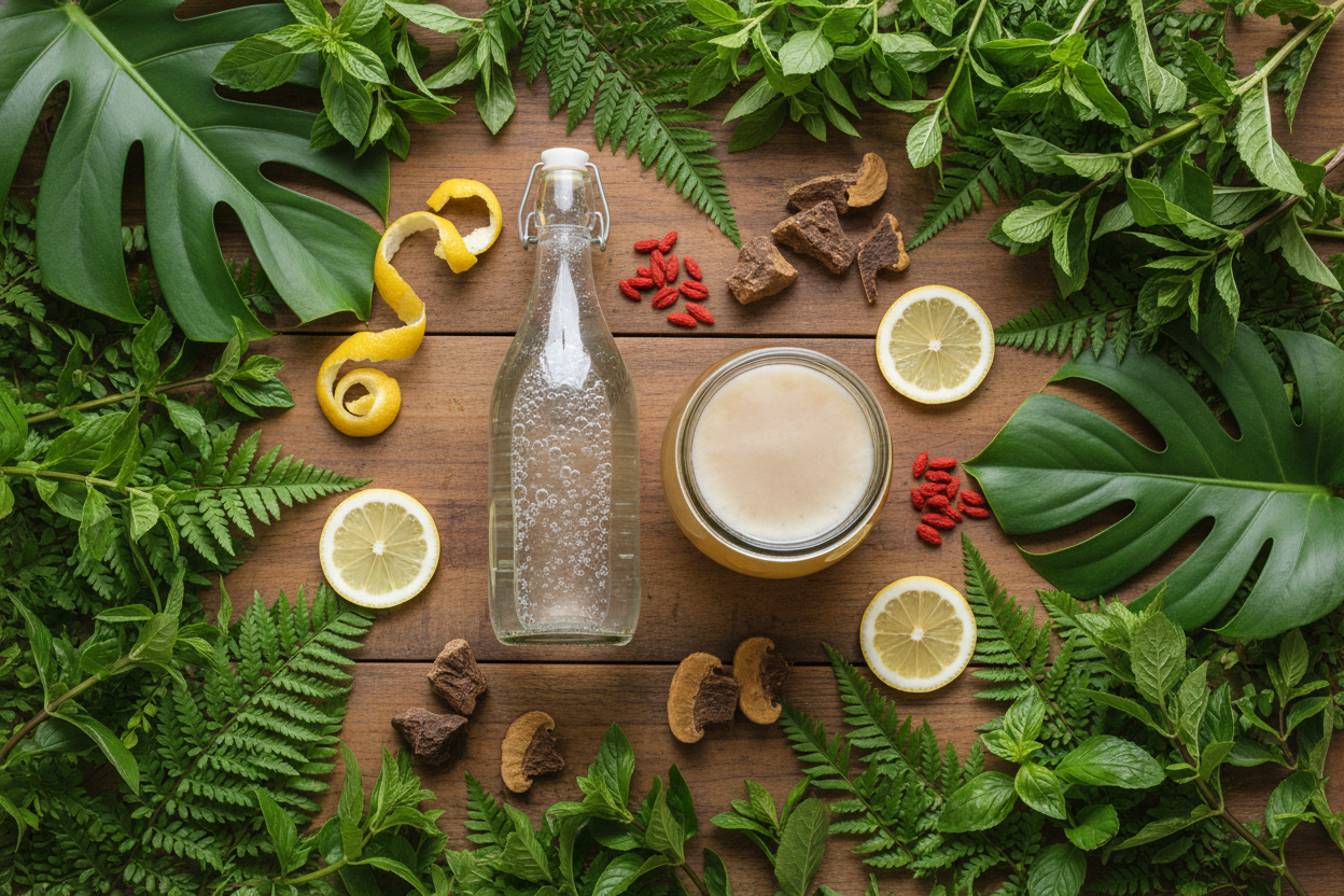 bitte das motiv noch weiter entfernen und dafür mehr grün drum herum. ausserdem statt weißen tisch, einen natürlichen holztisch nehmen. und getrocknete goji beeren statt spirulina pulver. ansonsten bitte genau so lassen