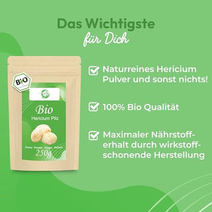 Hericium Pulver 250g | Bio | Rohkost | Hochwertiger Vitalpilz Igelstachelbart